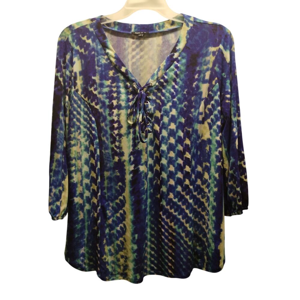 Sami & Jo Women's Popover Top Size XL Lace-Up 3/4 Sleeves Blue Abstract Stretch
